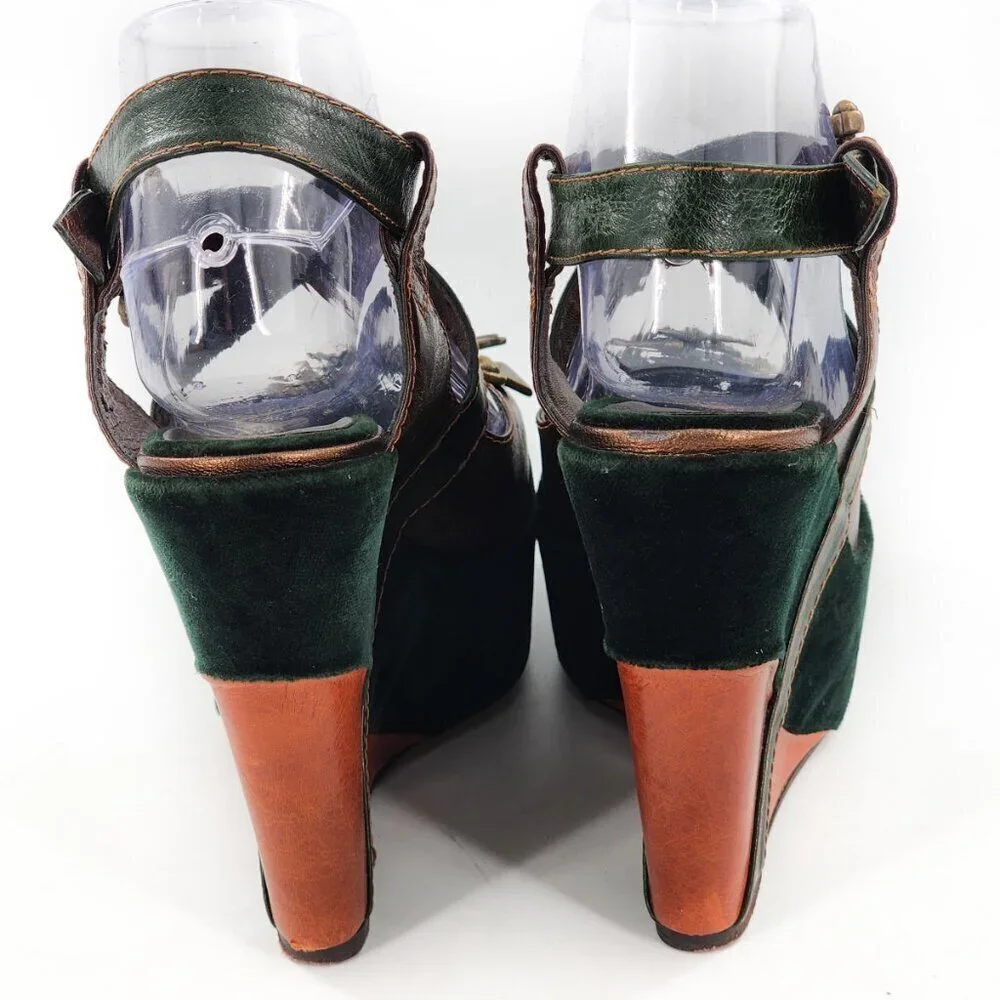 GUILLAUME HINFRAY Brown Green Leather Velvet Platform Wedge Sandals